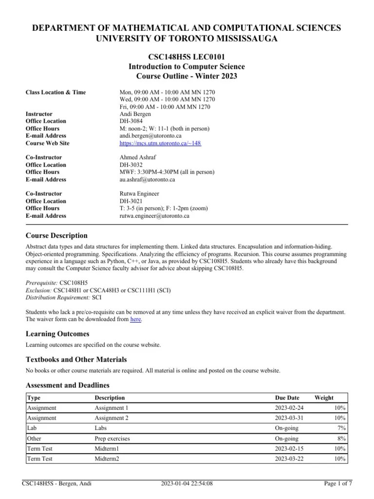 CSC148H5S LEC0101 Syllabus | PDF | Academic Dishonesty | Plagiarism