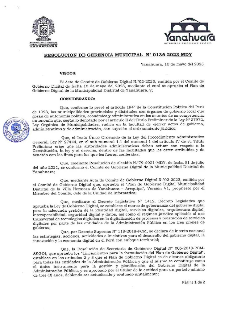Plan De Gobierno Digital Municipalidad Distrital De Yanahuara | PDF