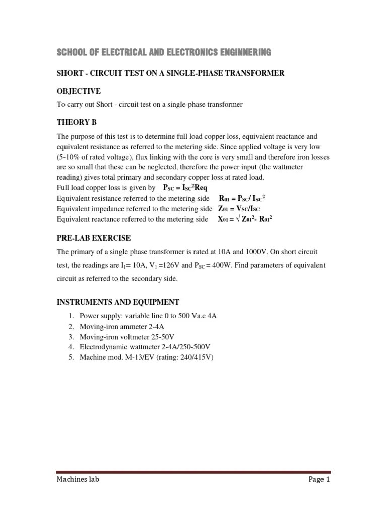 Transformer - Short Circuit Test | PDF | Transformer | Voltage