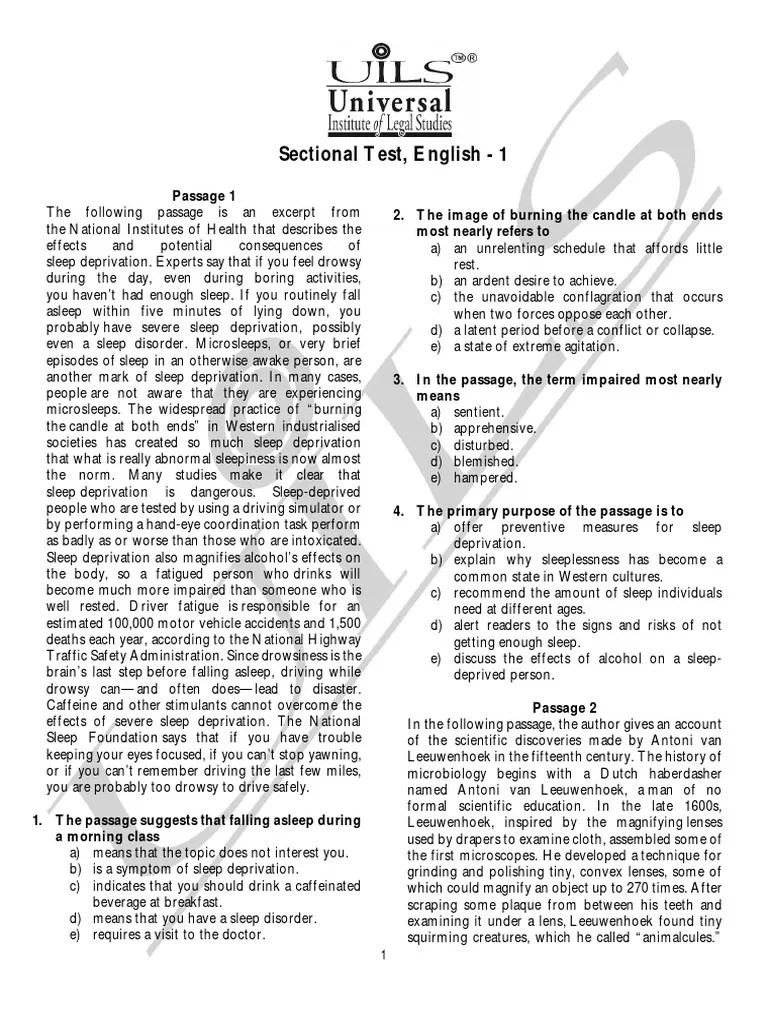 Sectional Test English-1 | PDF | Sleep Deprivation | Doctor Of Medicine
