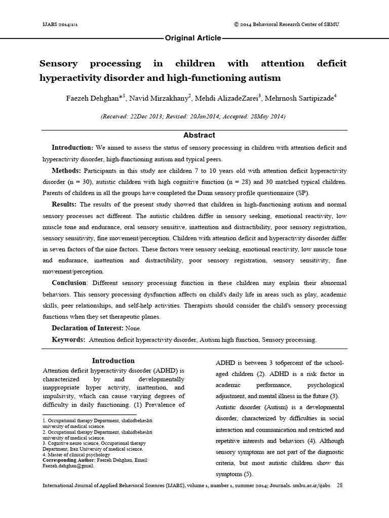 Sensory Processing Patterns In Autism, Attention Deficit Hyperactivity Disorder, And Typical ...