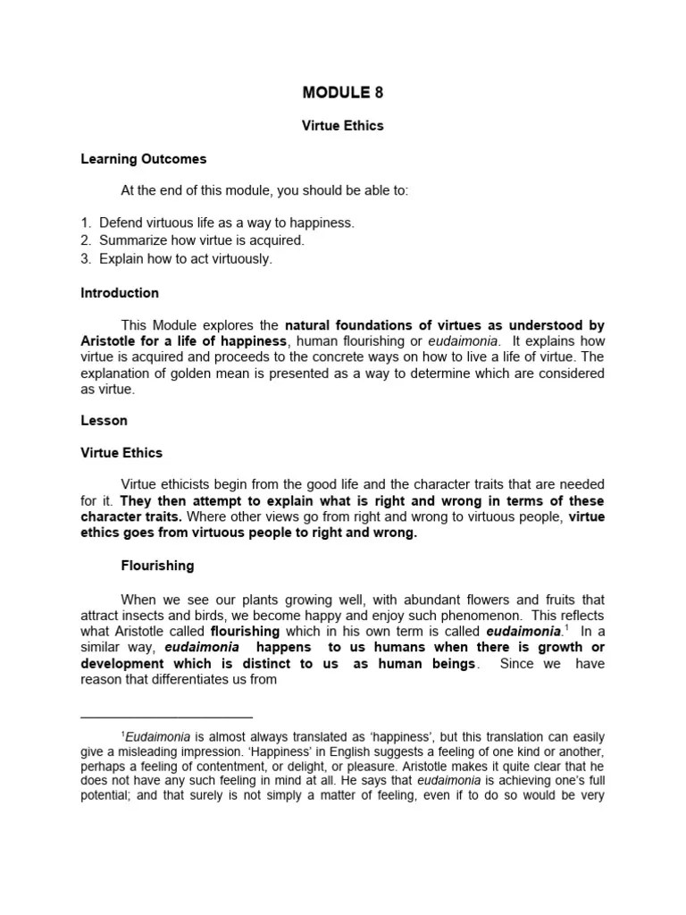 Module 8. Virtue-Ethics | PDF | Virtue | Happiness