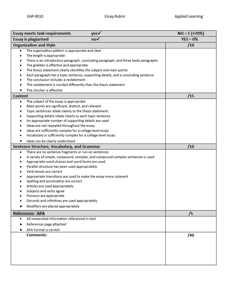 Applied Essay Rubric | PDF | Essays | Subject (Grammar)