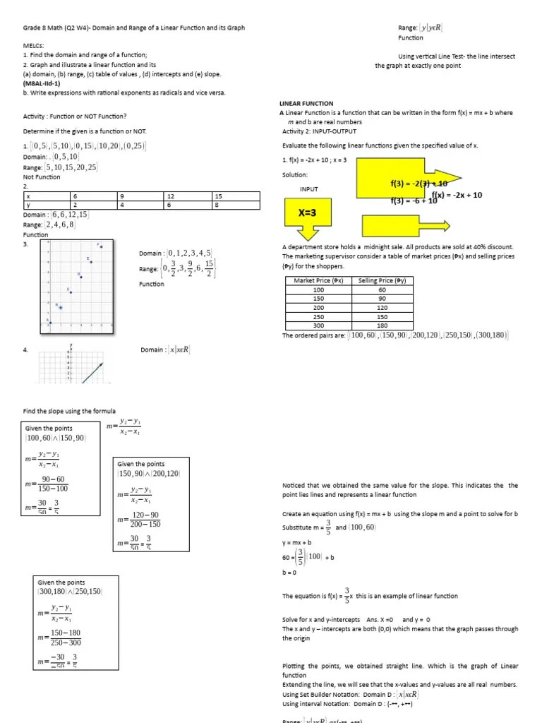 Domain And Range Of A Linear Function And Its Graph | PDF | Function ...