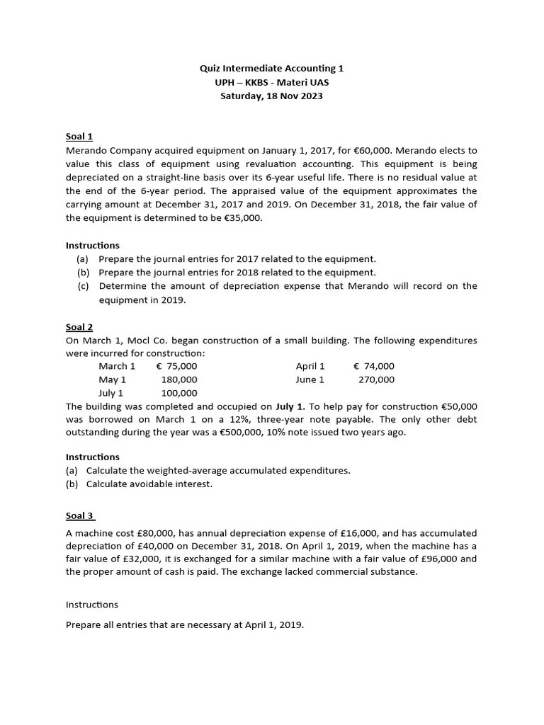 Soal Quiz Intermediate Accounting 1 - UAS | PDF | Depreciation | Expense