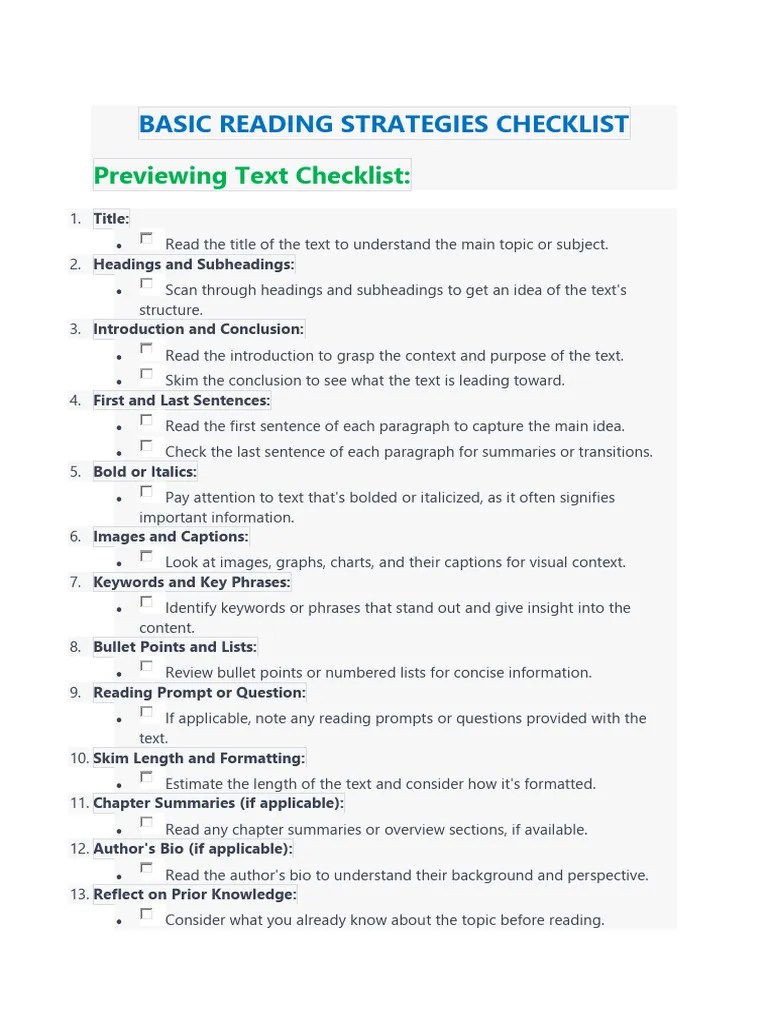 Basic Reading Strategies Checklist | PDF | Speed Reading | Annotation