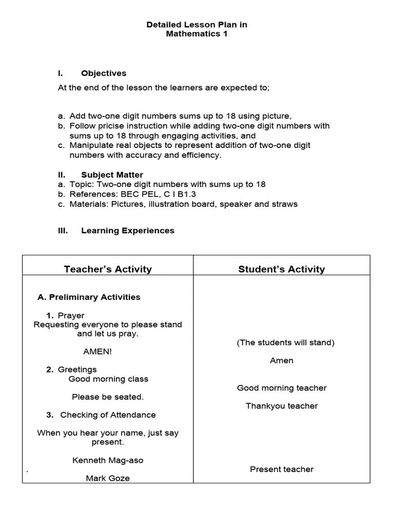 Lesson Plan Math 1 | PDF | Lesson Plan | Behavior Modification
