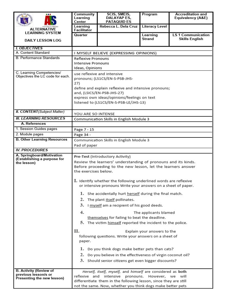 LS1 English Module 3 Lesson 3 LP | PDF | Learning | Pronoun