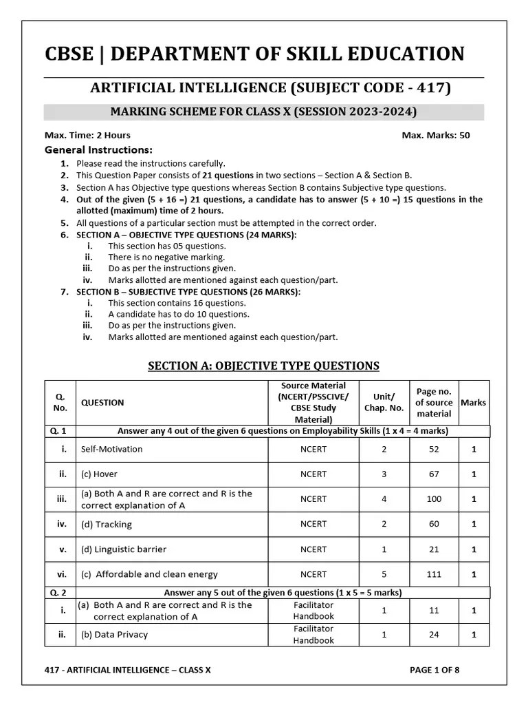 Class 10 Ai Sample Paper MS 23-24 | PDF | Artificial Intelligence ...