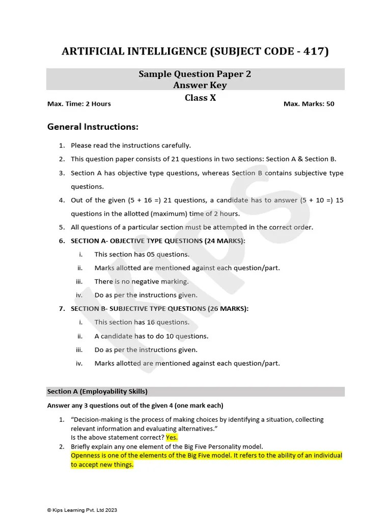 AI Class 10 Sample Paper 2 Answer Key | PDF