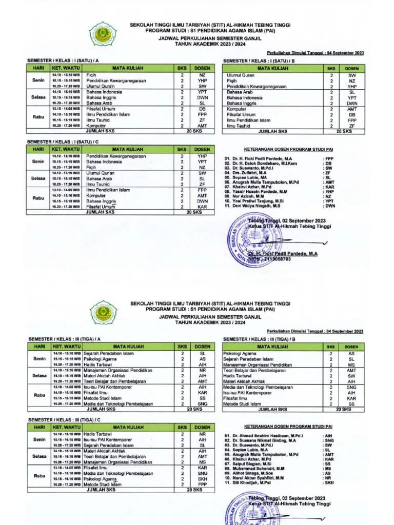 Jadwal Perkuliahan Semester Ganjil Ta 2023 2024 | PDF