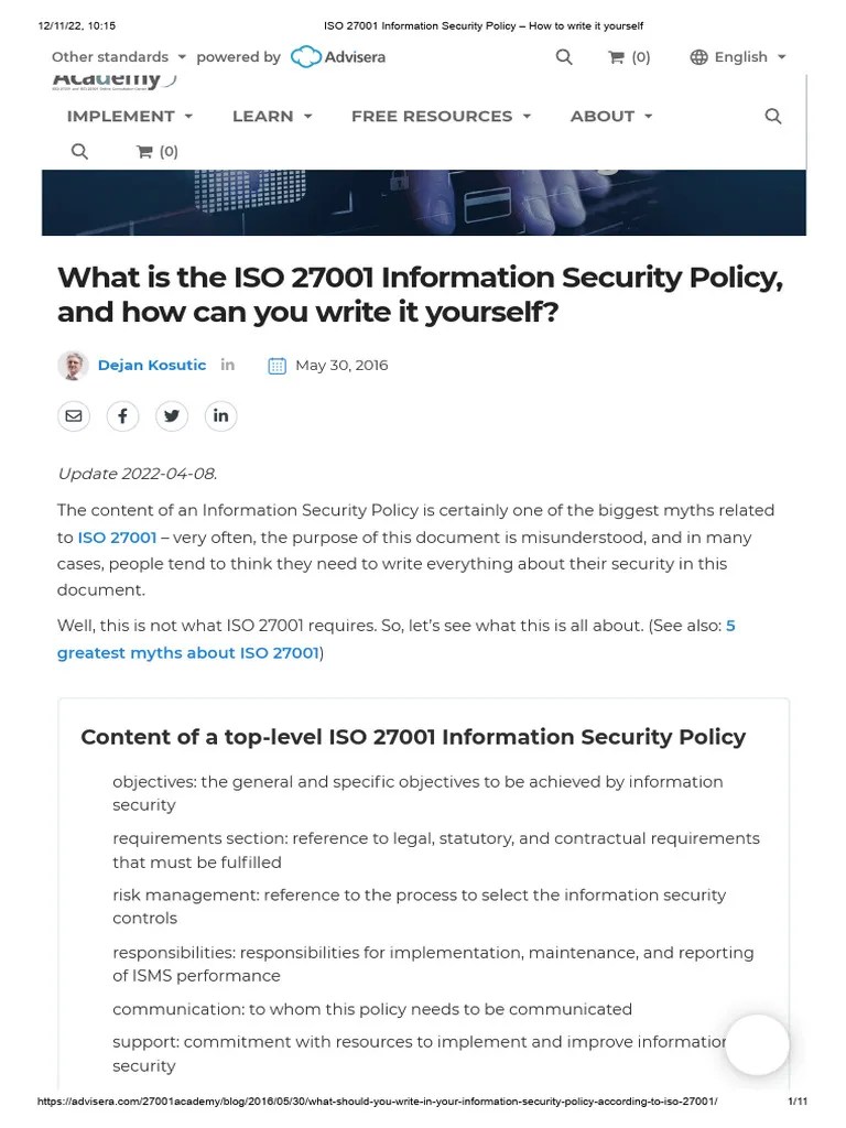 ISO 27001 Information Security Policy - How To Write It Yourself | PDF ...