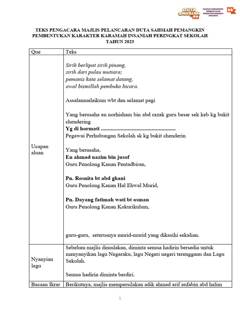 TEKS PENGACARA MAJLIS PELANCARAN Duta Sahsiah | PDF