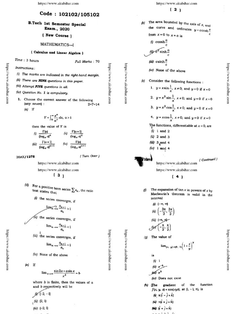 Btech 1 Sem Mathematics Calculus And Linear Algebra 102102 2020 | PDF