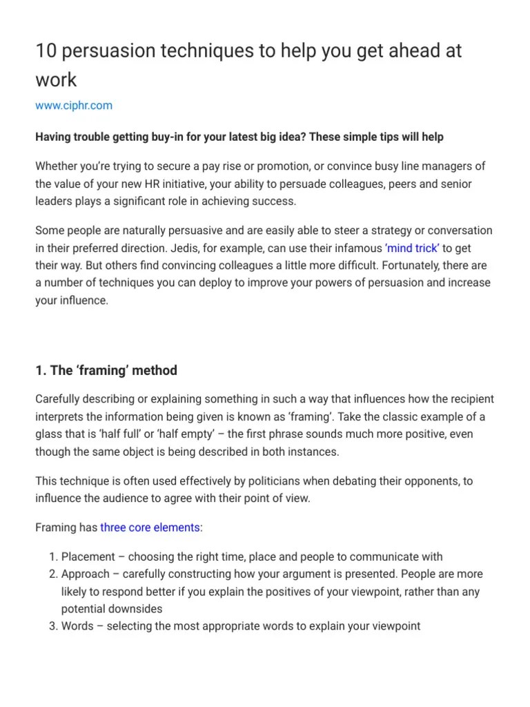 10 Persuasion Techniques To Help You Get Ahead At Work - Ciphr | Download Free PDF | Persuasion ...