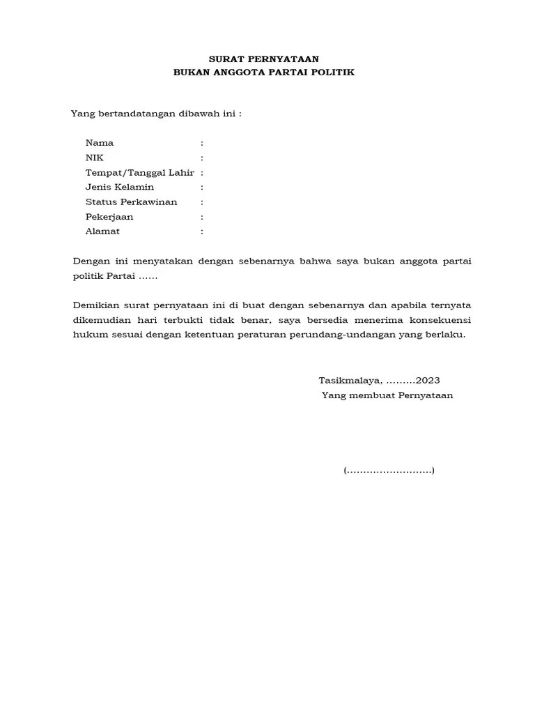 Format Surat_pernyataan Bukan Anggota Parpol Kpps | PDF