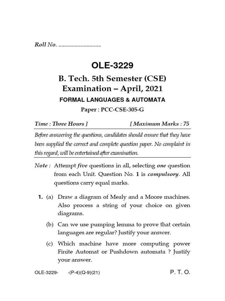 2021 B.tech. 5st Semester (Cse) Formal Languages & Automata | PDF | Automata Theory | Regular ...