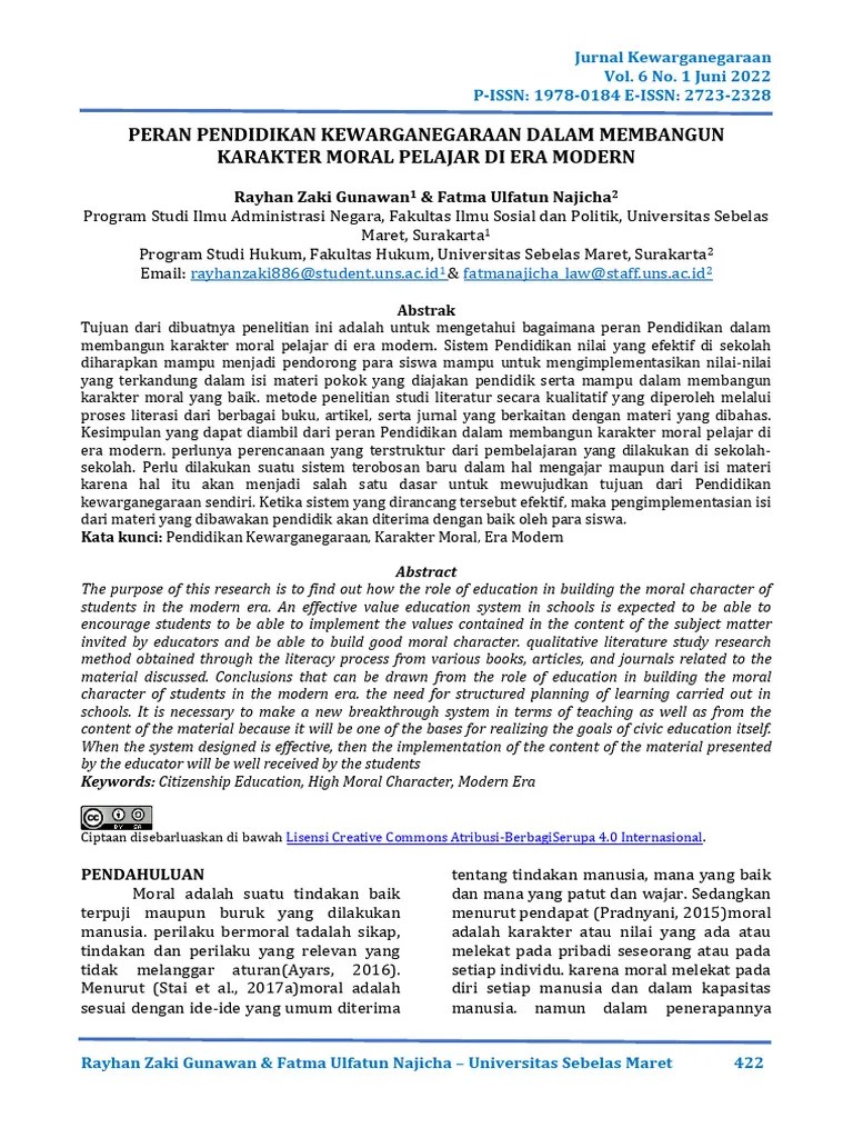Peran Pendidikan Kewarganegaraan Dalam Membangun Karakter Moral Pelajar Di Era Modern | PDF