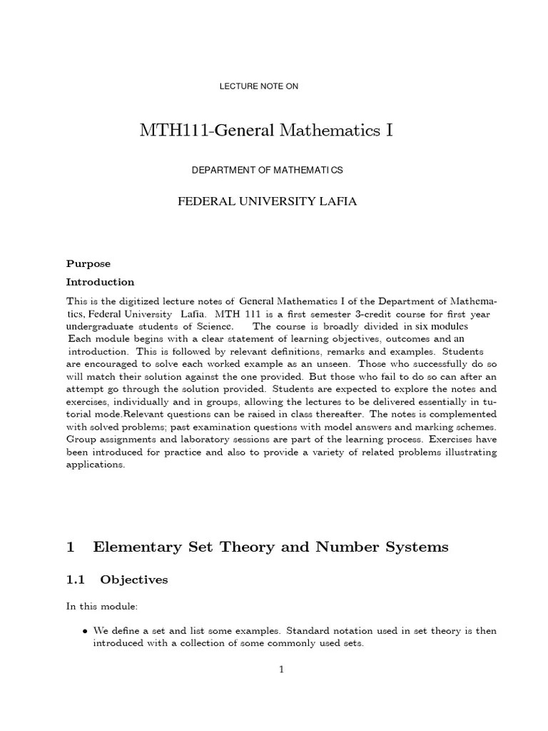 MTH 111 General Mathematics I-1-1 | PDF