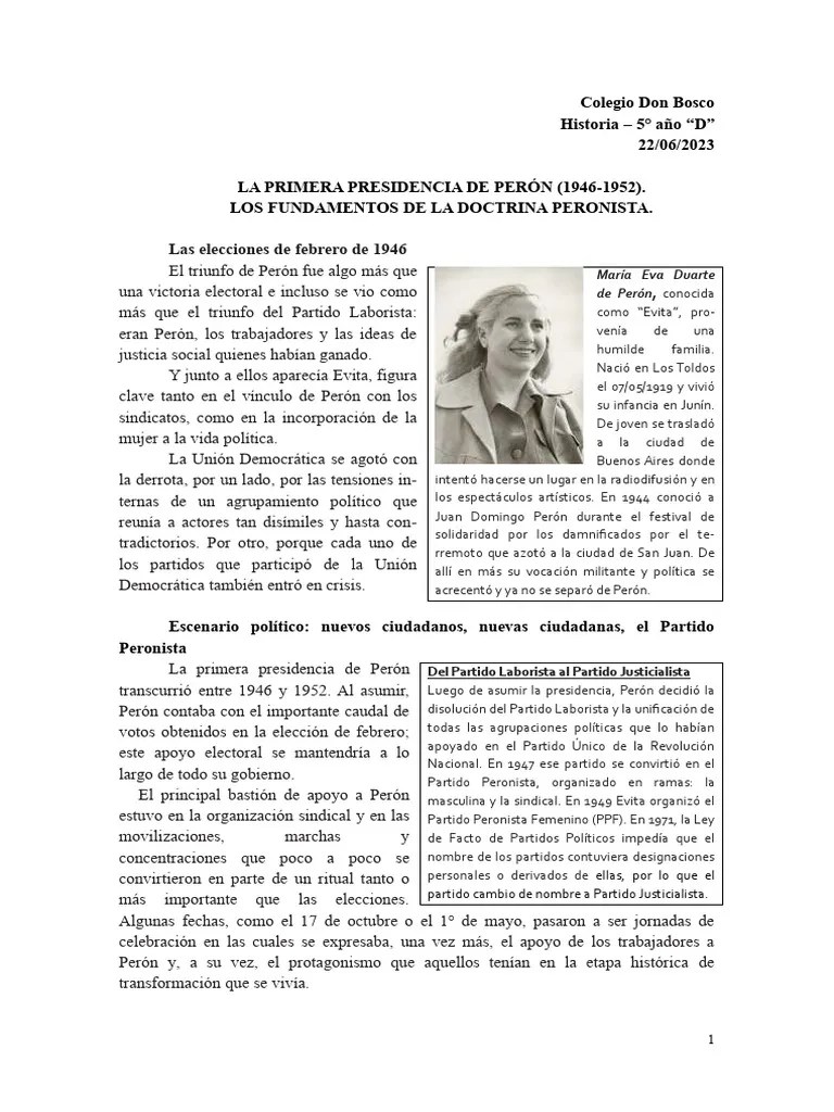 Primera Presidencia De Perón. Doctrina Peronista. | PDF