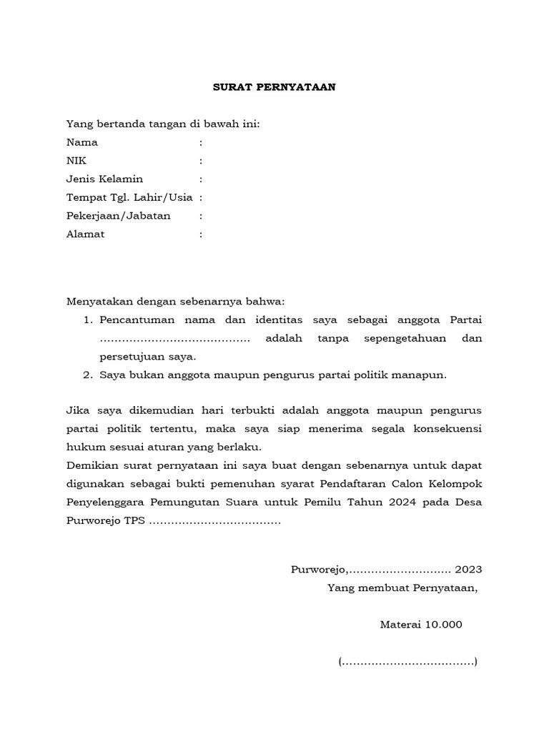 Surat Pernyataan Sipol | PDF