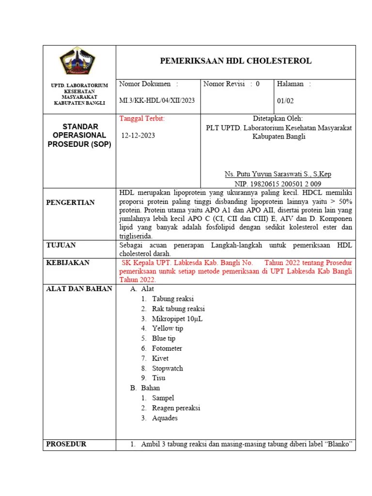Sop HDL Cholesterol | PDF