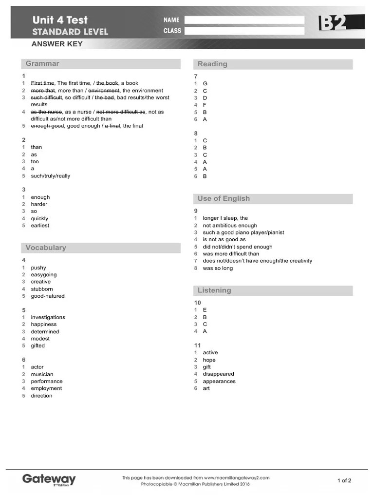 B2 UNIT 4 Test Answer Key Standard | PDF | Human Communication | Linguistics