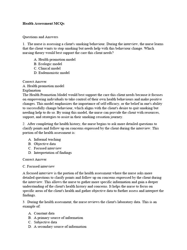 Health Assessment MCQs Quiz | Download Free PDF | Nursing | Medical ...