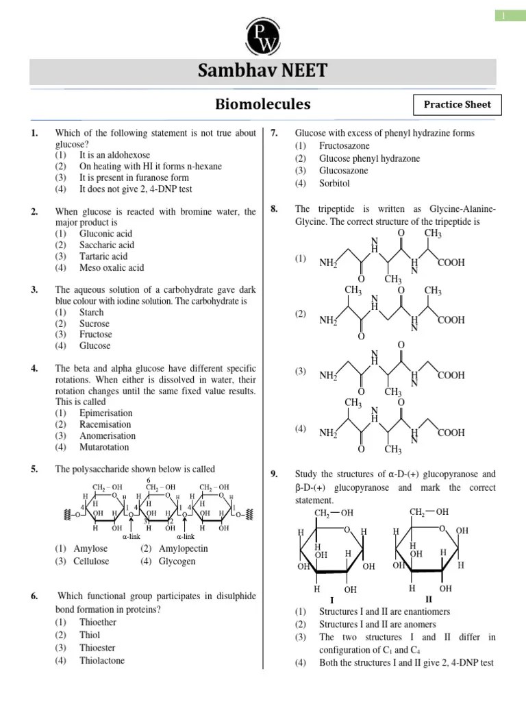 BIOMOLECULES _ Practice Sheet || Sambhav NEET Kannada | PDF