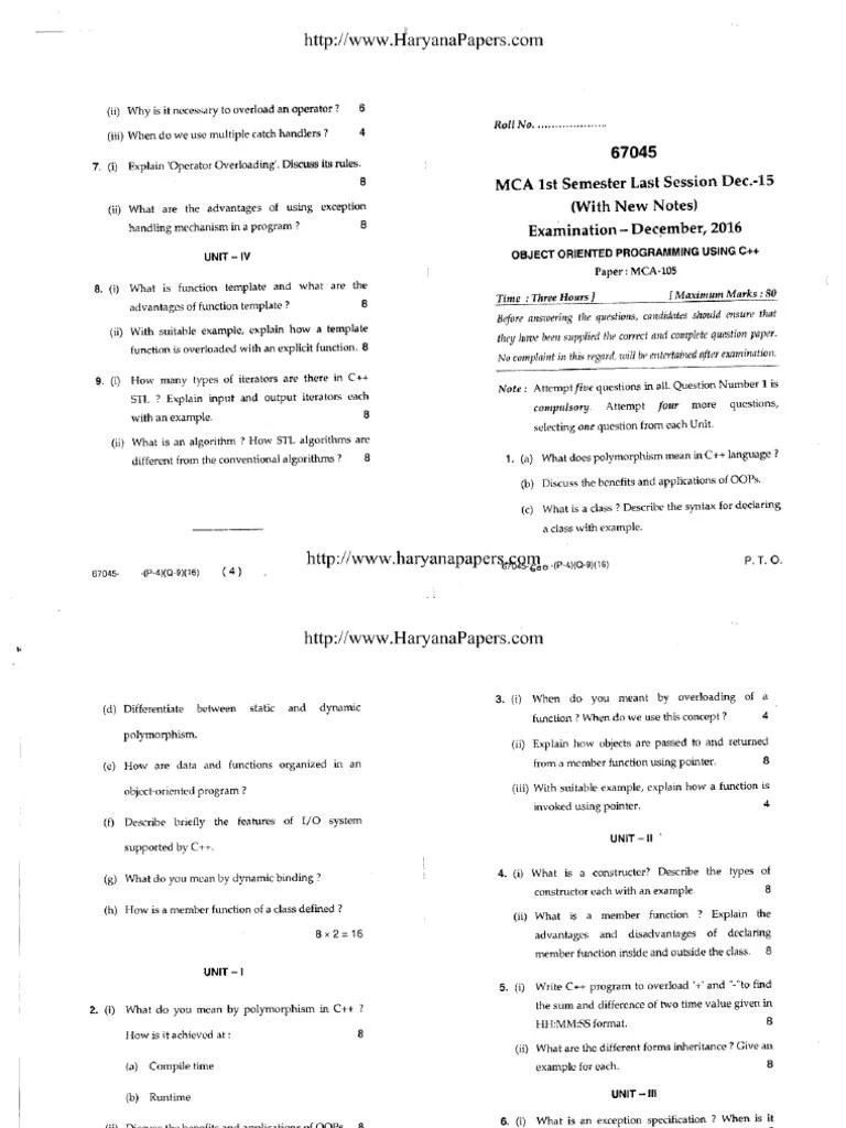 Mca 1 Sem Object Oriented Programming Using CPP 67045 Dec 2016 | PDF
