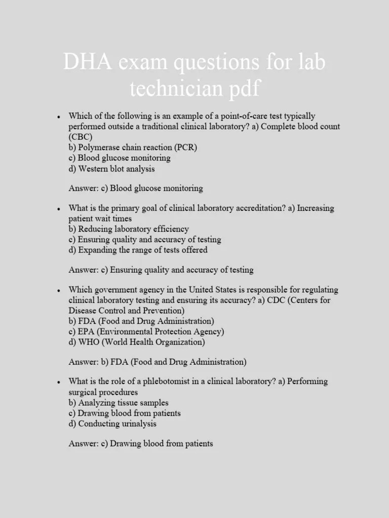DHA Exam Questions For Lab Technician PDF 1 | PDF | Medical Laboratory ...