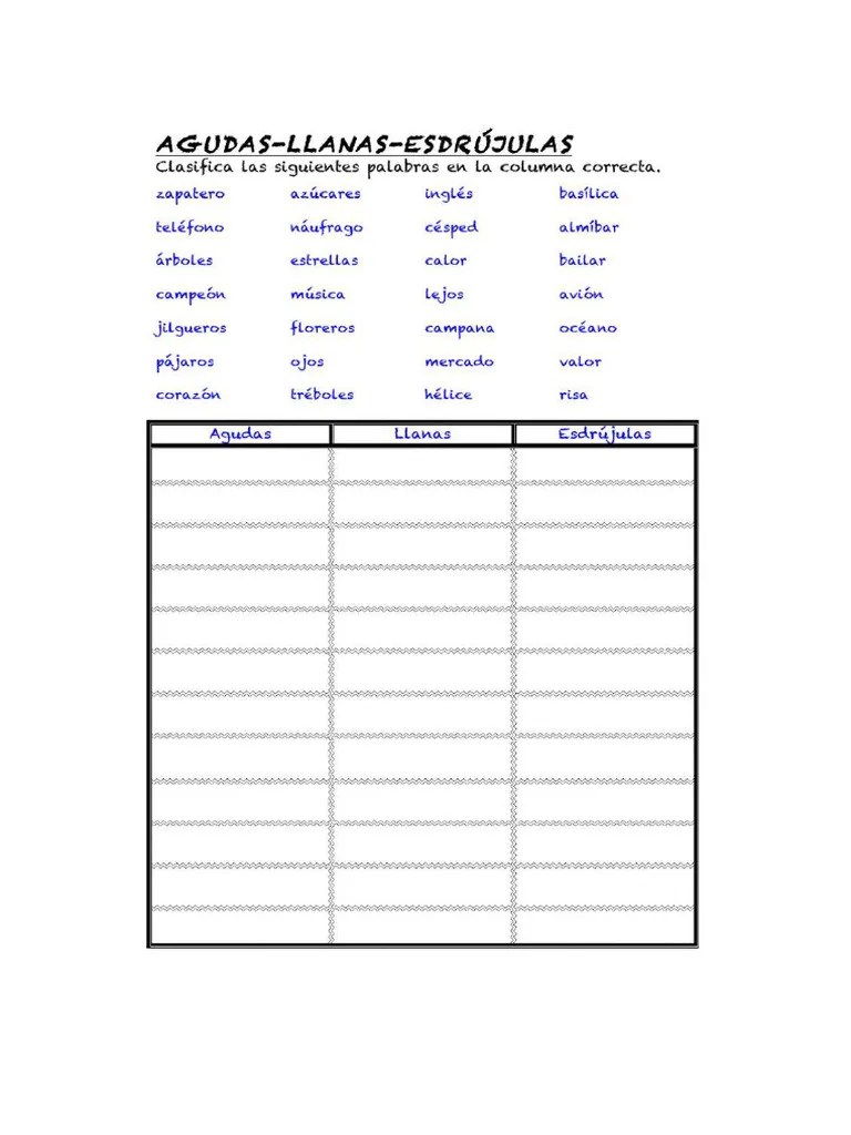 Ejercicio Agudas-Llanas-Esdrújulas | PDF