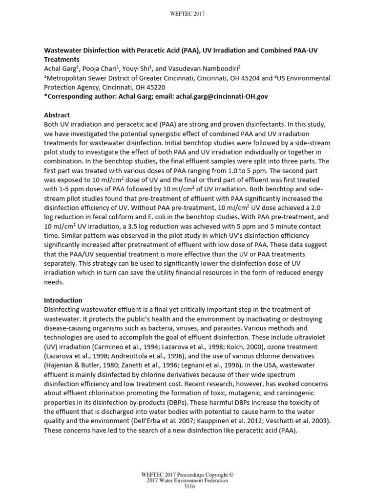 Wastewater Disinfection With Paracetic Acid | PDF | Sewage Treatment | Disinfectant
