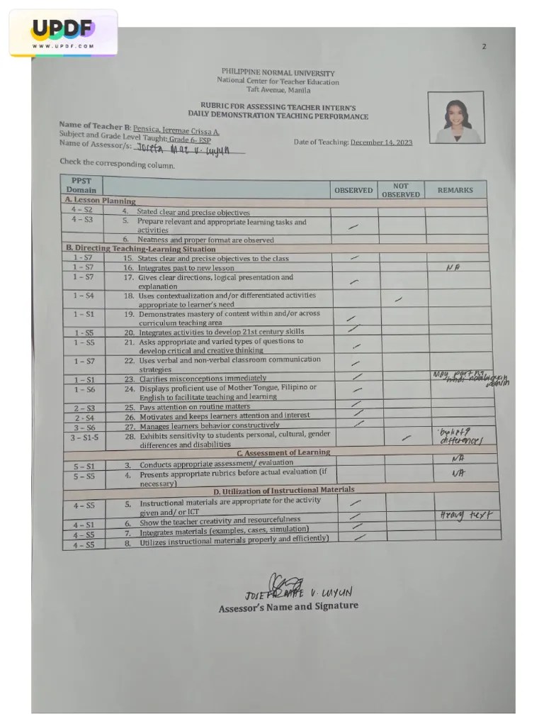 Form-2-demo-teaching-rubric Extract2 | PDF