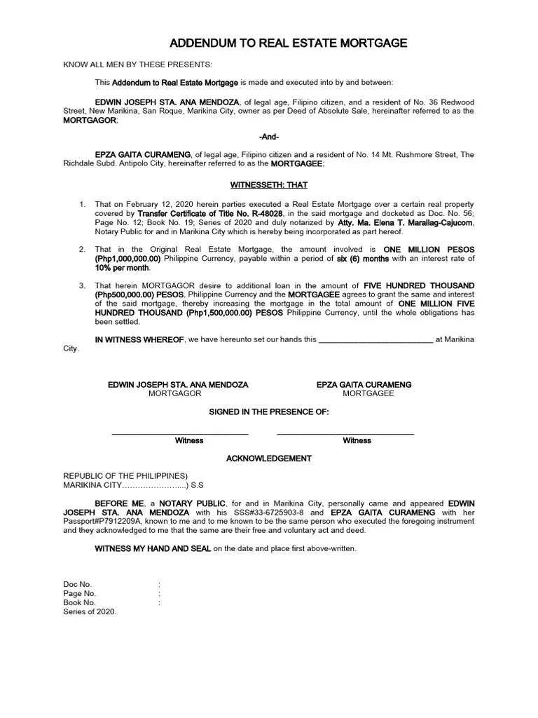 Addendum To Real Estate Mortgage | PDF | Mortgage Law | Real Property Law