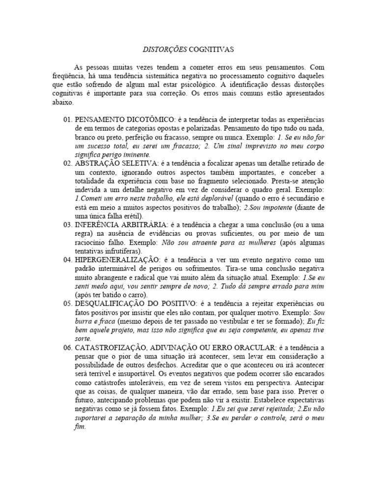 Tipos DISTORÇÕES COGNITIVAS | PDF | Pensamento | Psicologia