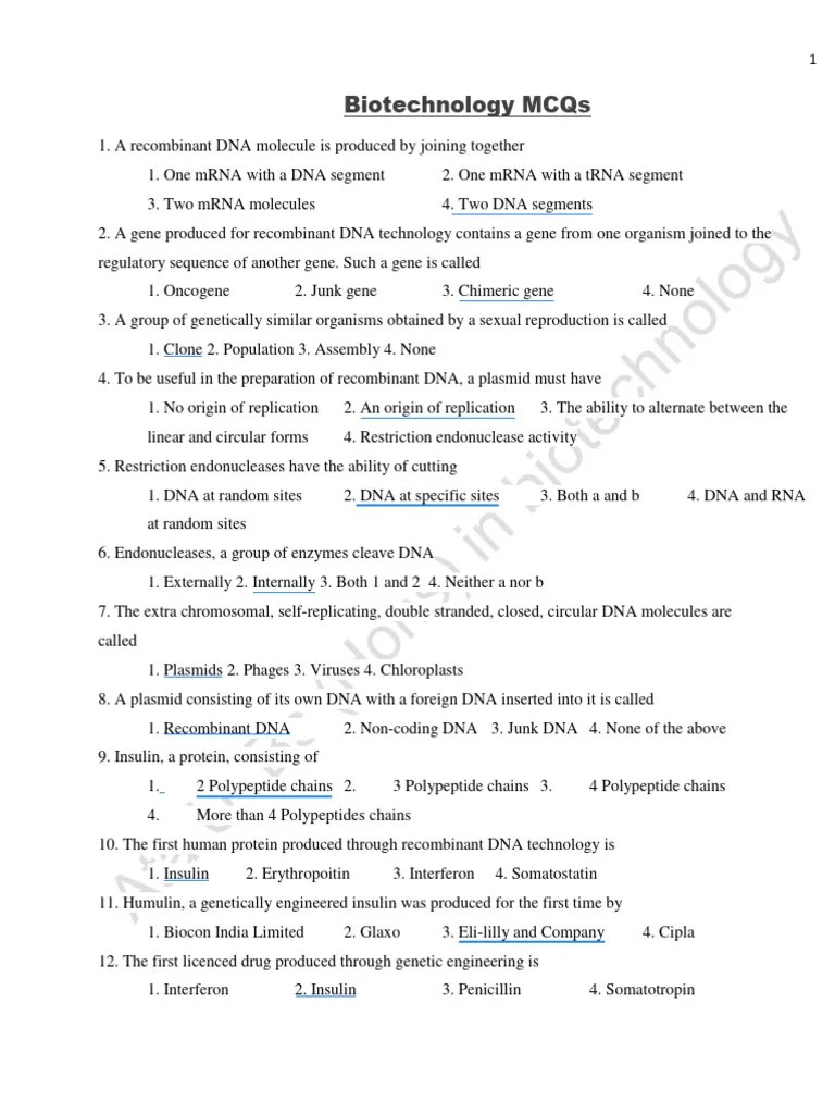 MCQS Of Biotechnology | Download Free PDF | Plasmid | Restriction Enzyme