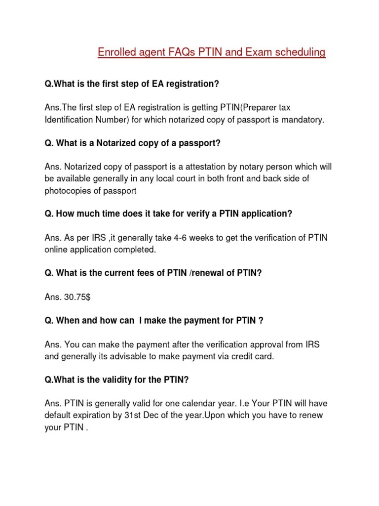 Enrolled Agent FAQs PTIN And Exam Scheduling | PDF