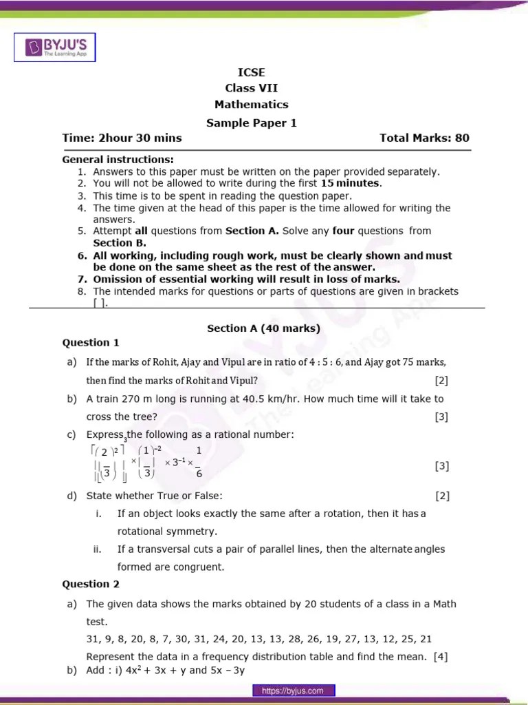ICSE Class 7 Mathematics Sample Paper Set 1 | PDF