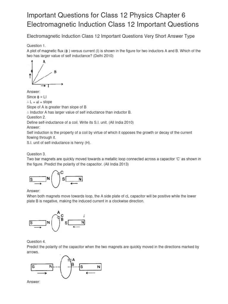 Important Questions For Class 12 Physics Chapter 6 Electromagnetic ...