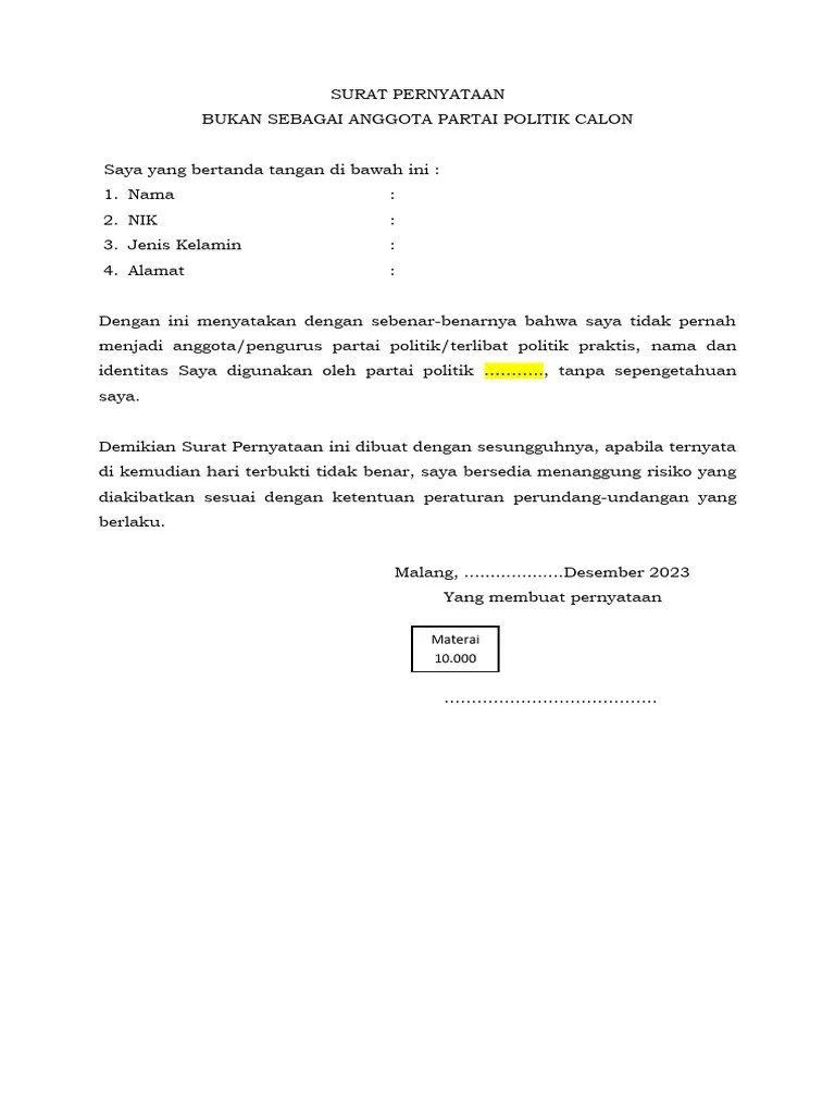 Surat Pernyataan Bukan Sebagai Anggota Parpol (Bila Tercatut Dalam Sipol) | PDF
