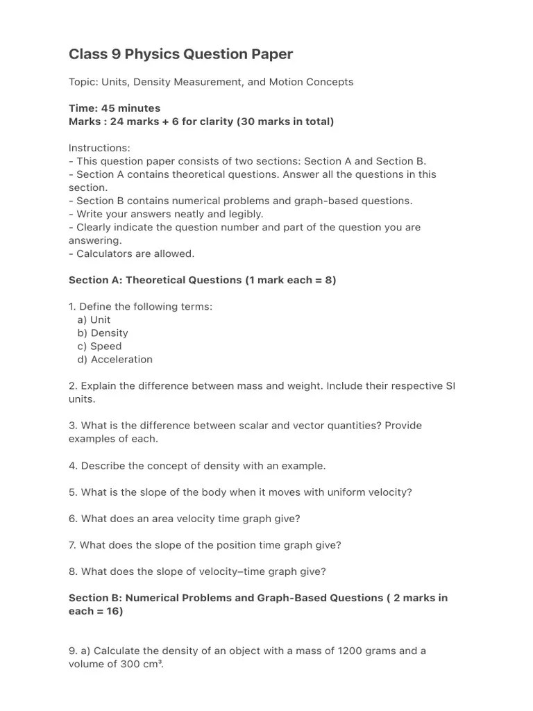 Class 9 Physics Question Paper | PDF