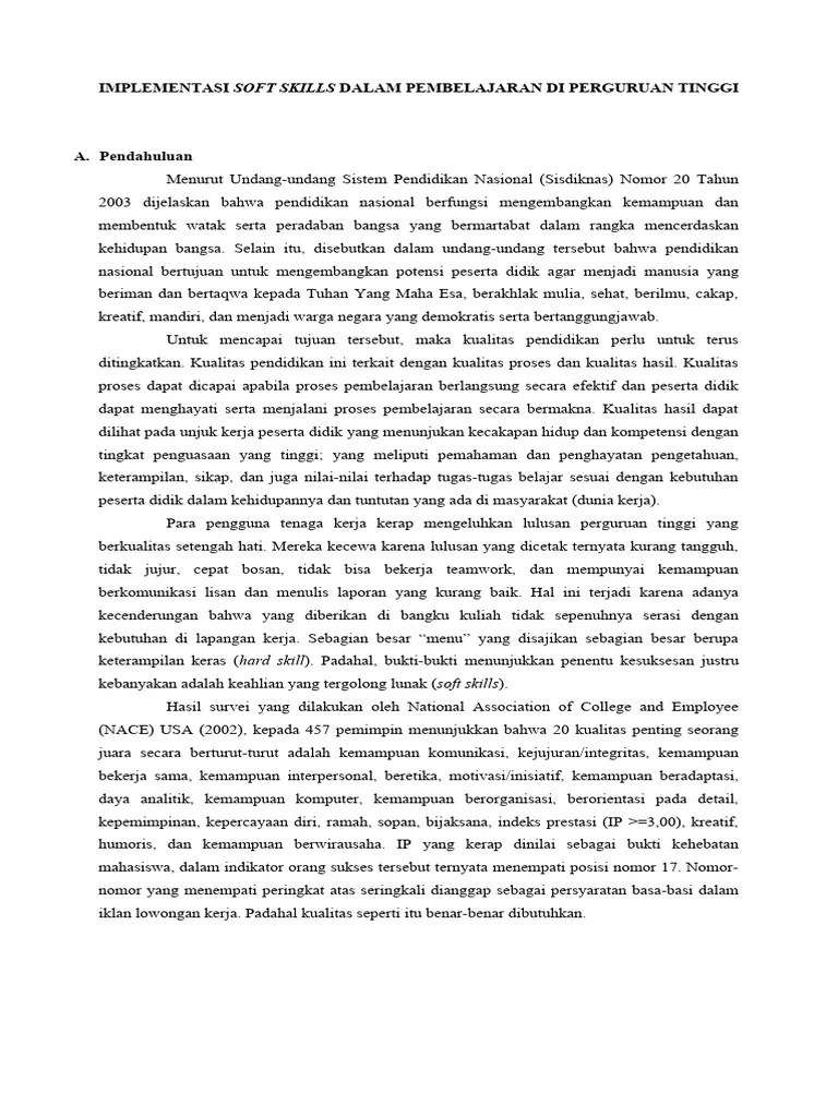 Implementasi Soft Skills Dalam Pembelajaran Di Perguruan Tinggi | PDF
