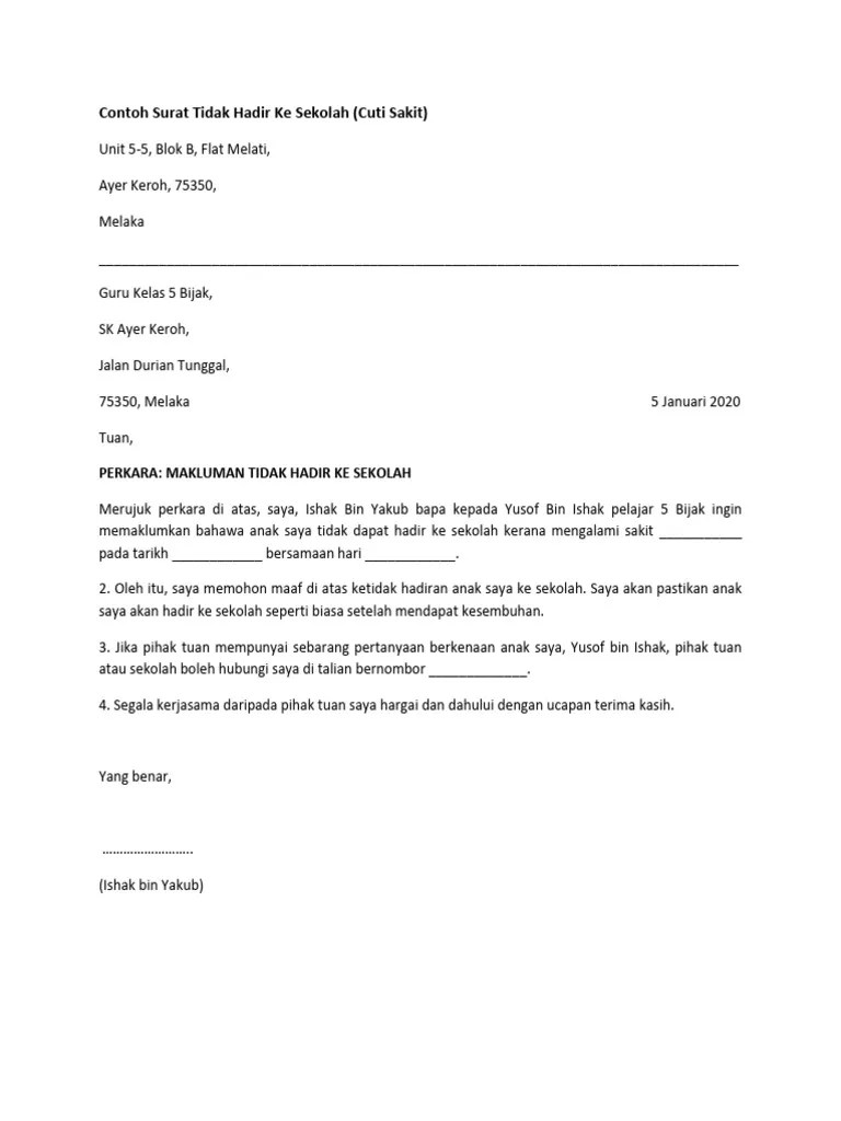 Contoh Surat Tidak Hadir Ke Sekolah | PDF