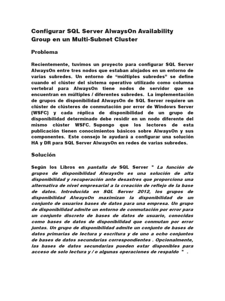 Configurar SQL Server AlwaysOn Availability Group En Un Multi Subnet | PDF