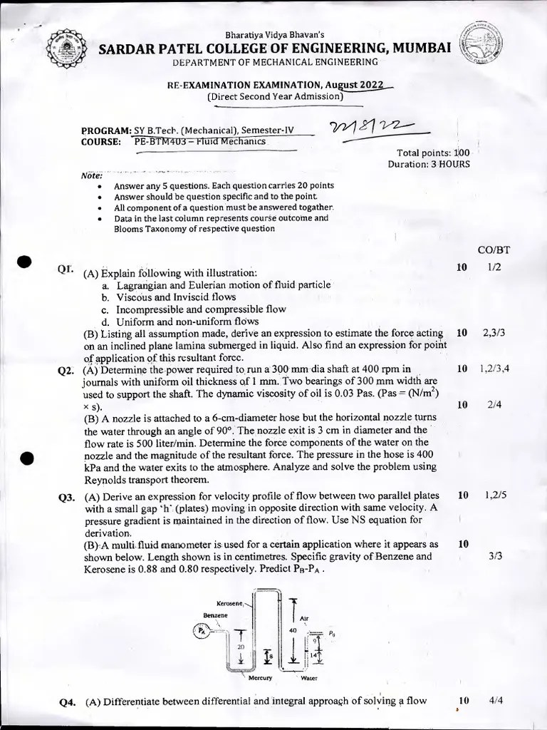 Dsy B.tech Mech Sem IV | PDF | Fluid Dynamics | Pressure