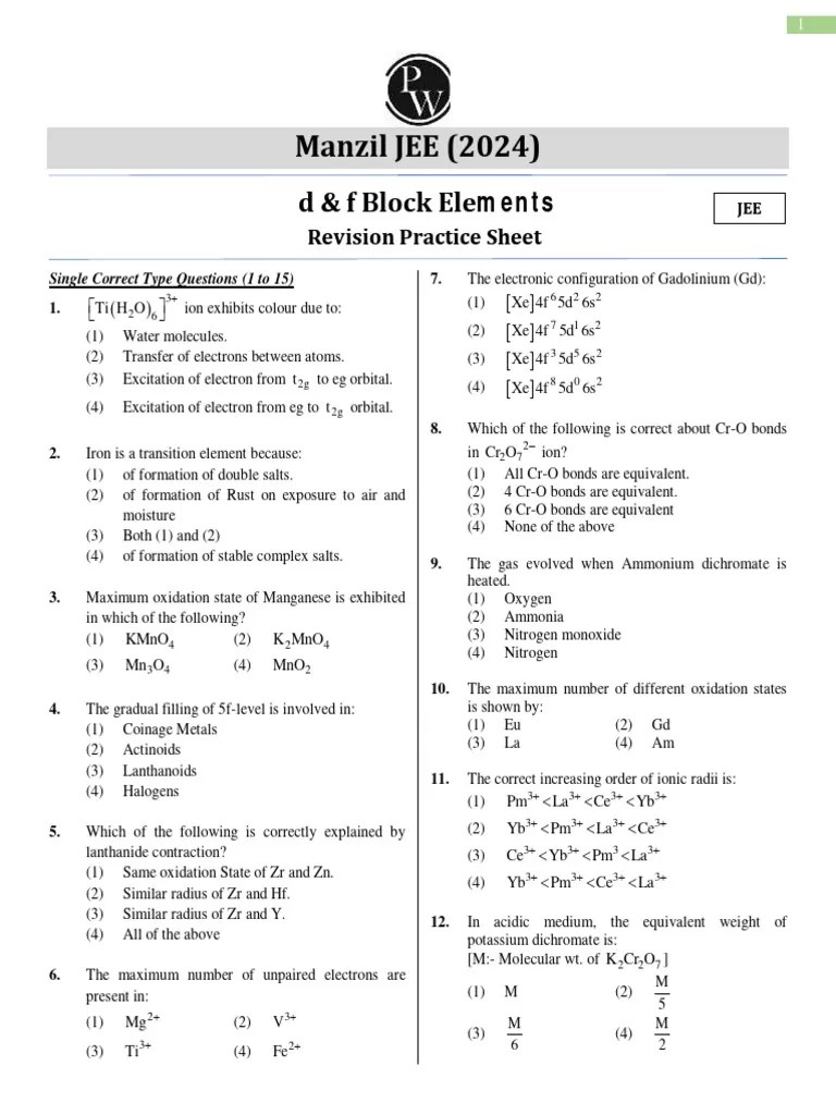 D And F Block Elements Practice Sheet | PDF | Chemical Bond | Electron ...