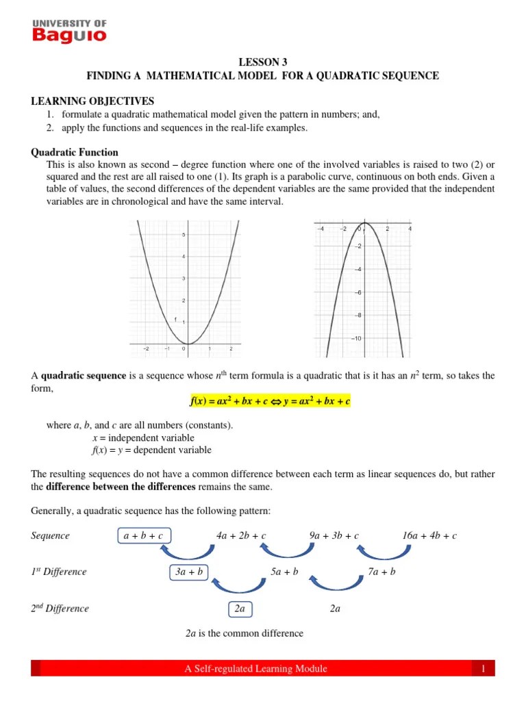 Lesson 3 Mathematical Model For Quadratic Sequences | PDF | Quadratic ...