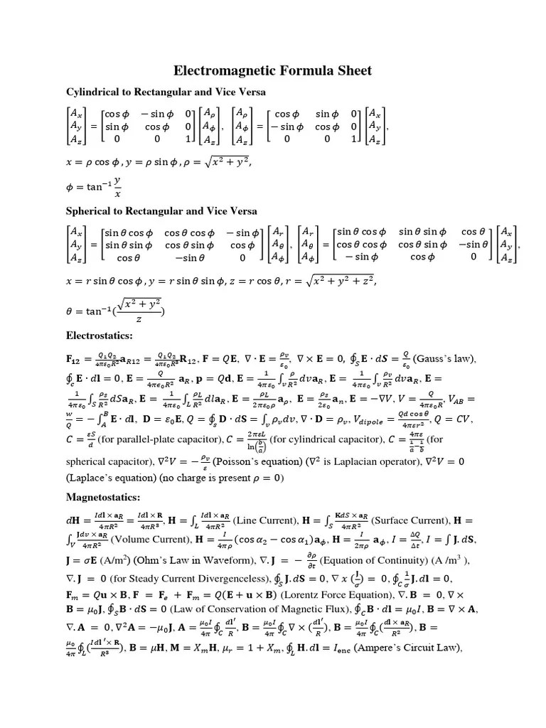 Electromagnetic Formula SheetA4 | PDF | Mathematical Objects | Equations