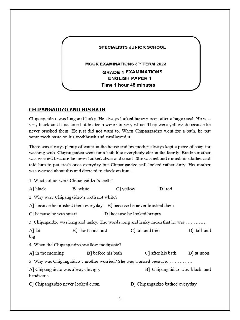 Grade 4 English P1 Mock Term 3RD 2023 | PDF